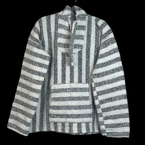 San Jose Baja Men's Hoodie Drod Rug Pullover Striped Black White Size Large‎